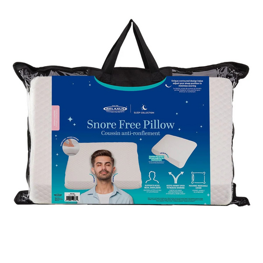 Snore Free Pillow packaging with a man's face on the label against a white background