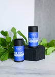 Two blue cylindrical containers labeled 'True It Bee Cool' on a black stand with green leaves in the background.