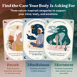 Three nature-inspired cards for breath, mindfulness, and movement with descriptions and illustrations.