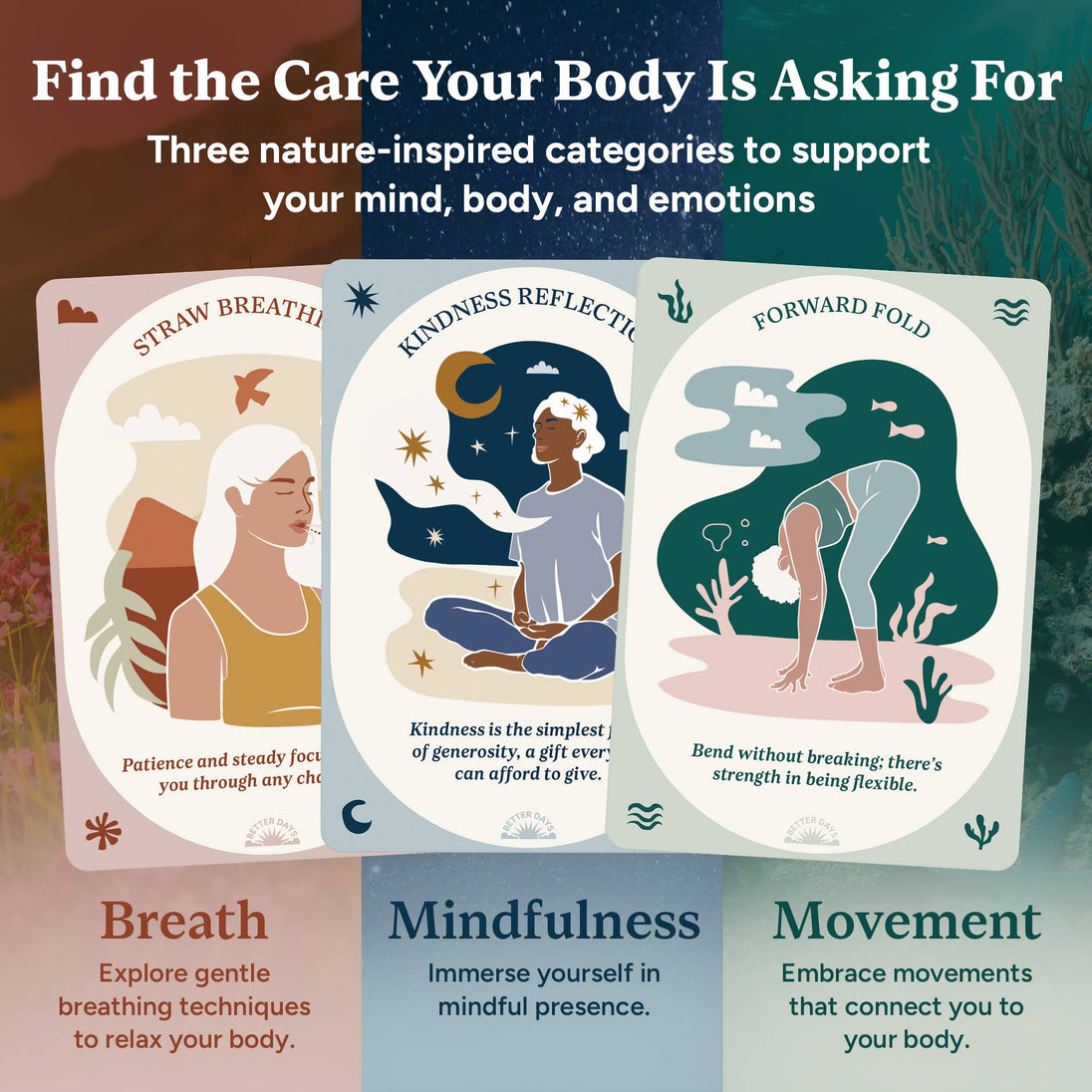 Three nature-inspired cards for breath, mindfulness, and movement with descriptions and illustrations.