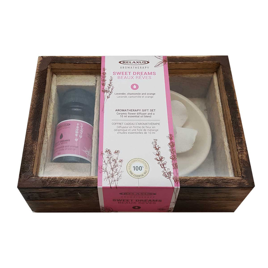 Aromatherapy gift set with diffuser and candle in a wooden box, featuring a pink packaging label.