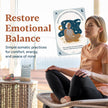 Woman practicing meditation with text 'Restore Emotional Balance' and a card in the background.