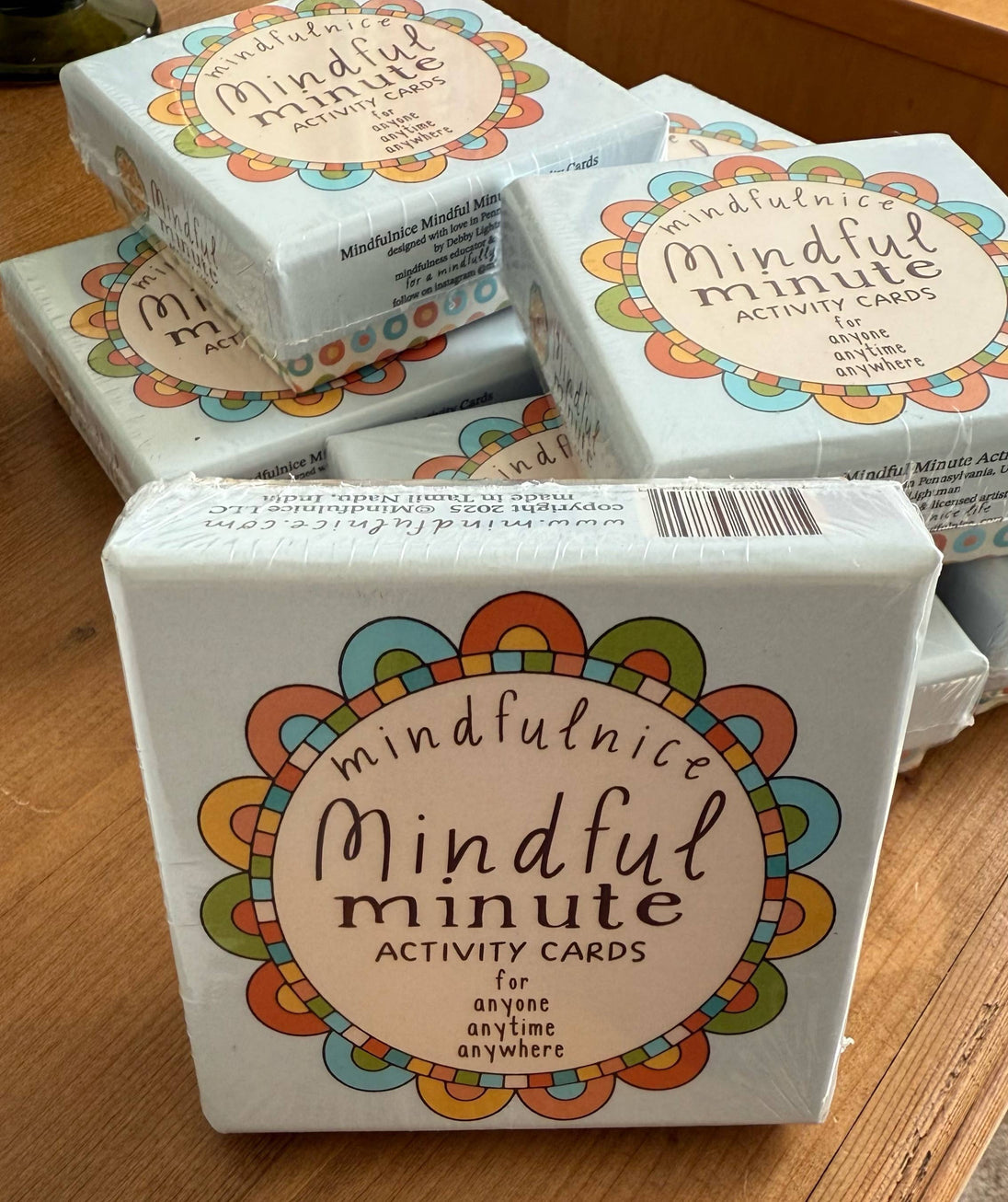 Box of Mindful Minute Activity Cards on a wooden surface
