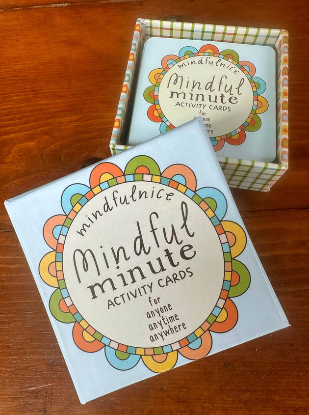 Mindful minute activity cards packaging on a wooden surface