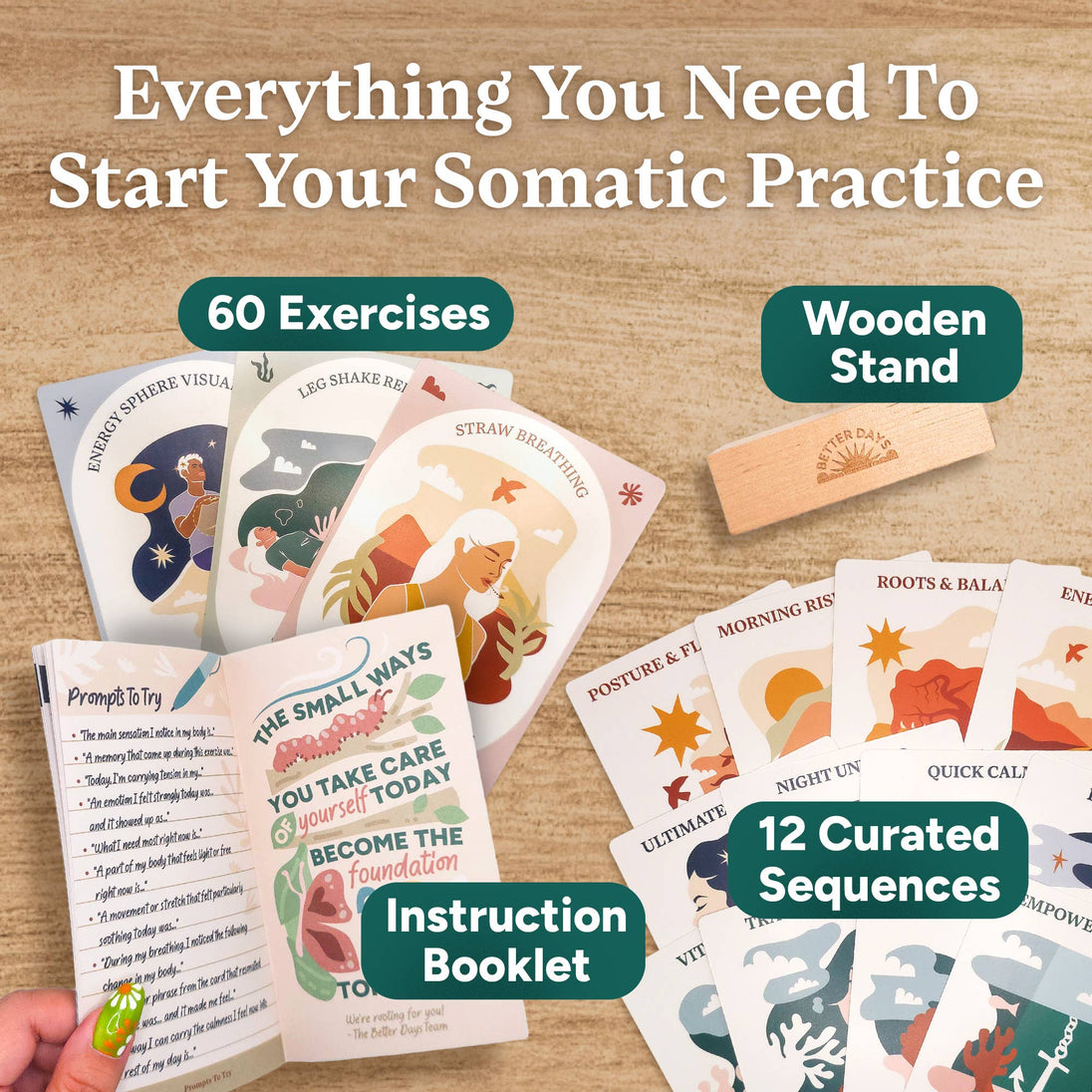 Somatic practice kit with cards, booklet, and wooden stand on a wooden surface