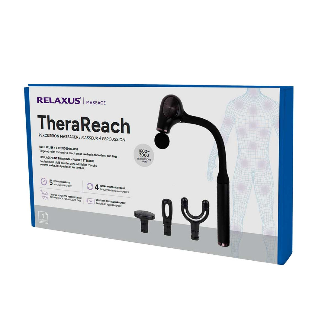 TheraReach massage tool packaging with RELAXUS branding on a white background