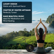 Person meditating with a scenic view of a lake and mountains, with text about luxury design and meditation.