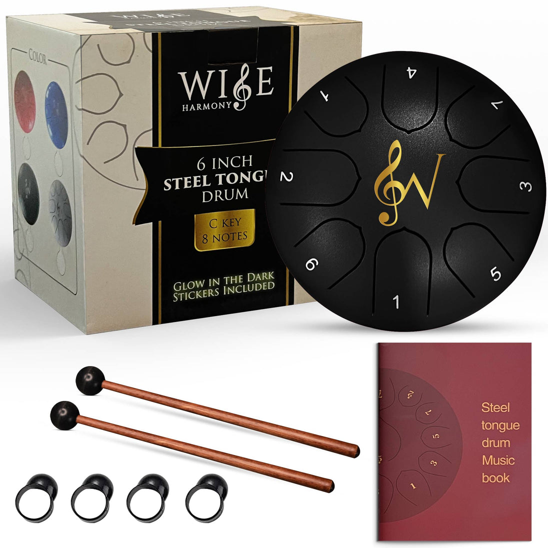 Wise Harmony steel tongue drum set with packaging, drum, mallets, and music book on a white background