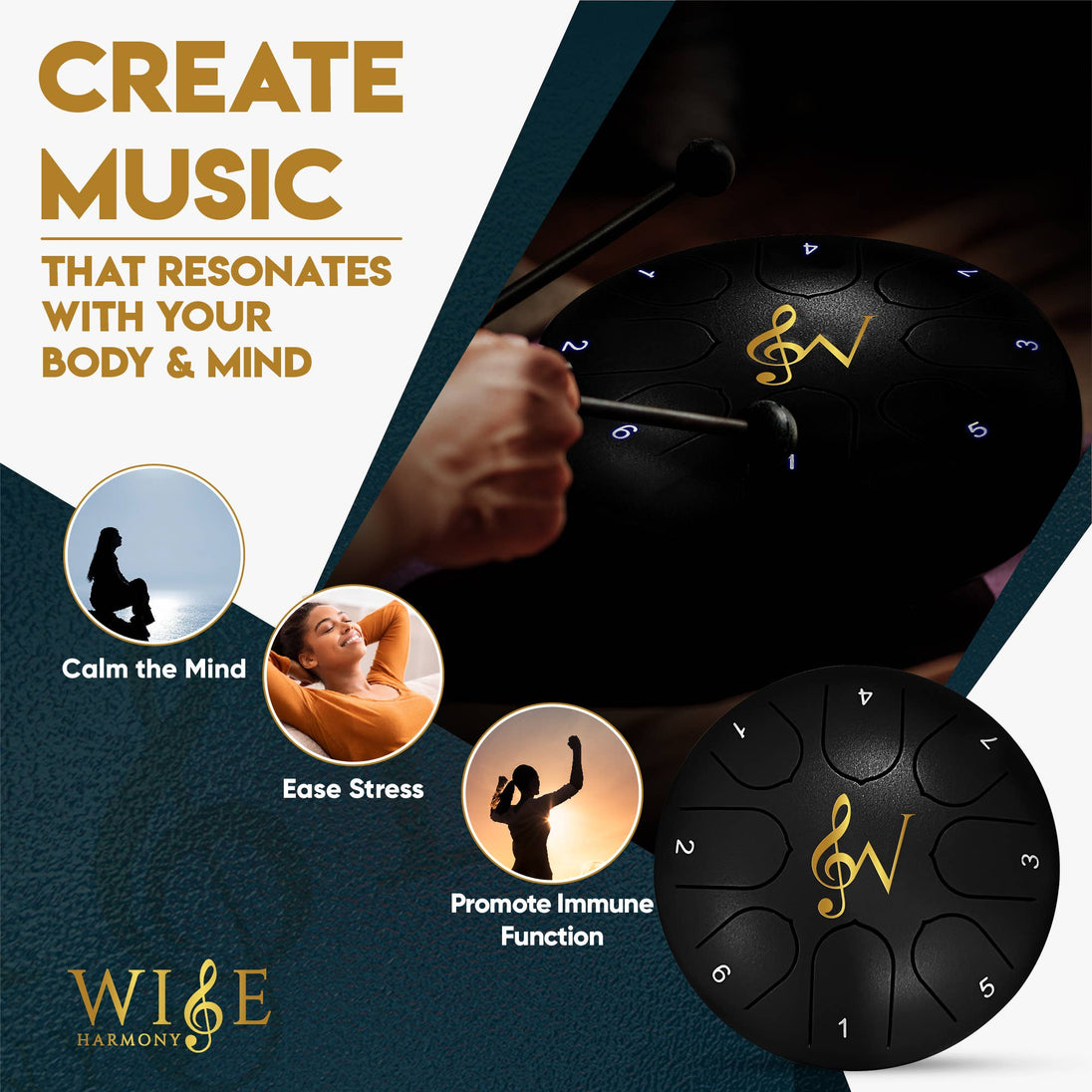 Wise Harmony tingsha with text on creating music for mind and body, featuring a hand playing the instrument.