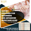 Music stand with sheet music and text about luxury instruments for musicians, featuring the WIE logo.