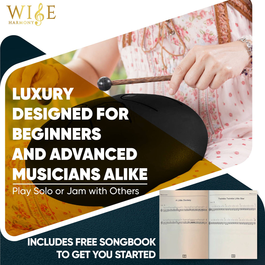 Music stand with sheet music and text about luxury instruments for musicians, featuring the WIE logo.
