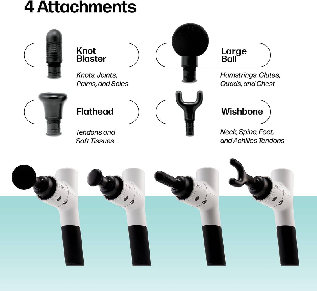 Massage gun attachments with labels on a white background