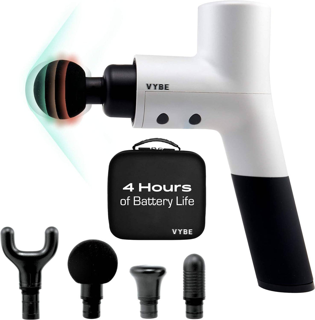 Vybe massage gun with attachments and carrying case on a white background