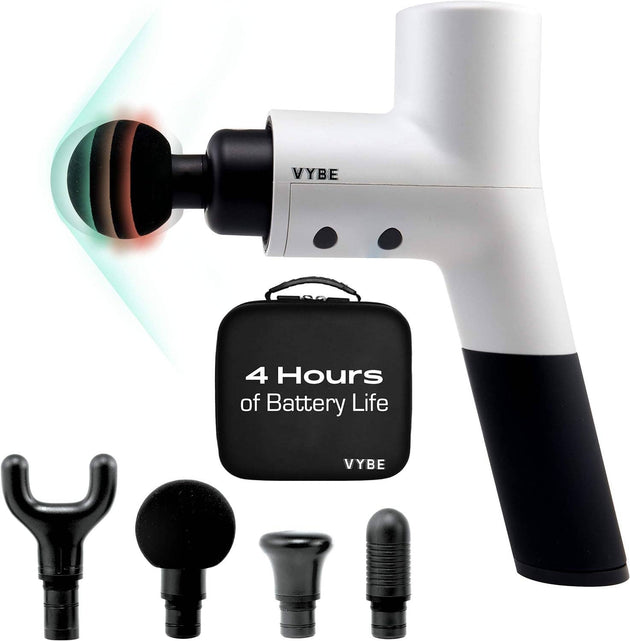 Vybe massage gun with attachments and carrying case on a white background