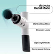 Massage gun with features highlighted on a light blue background