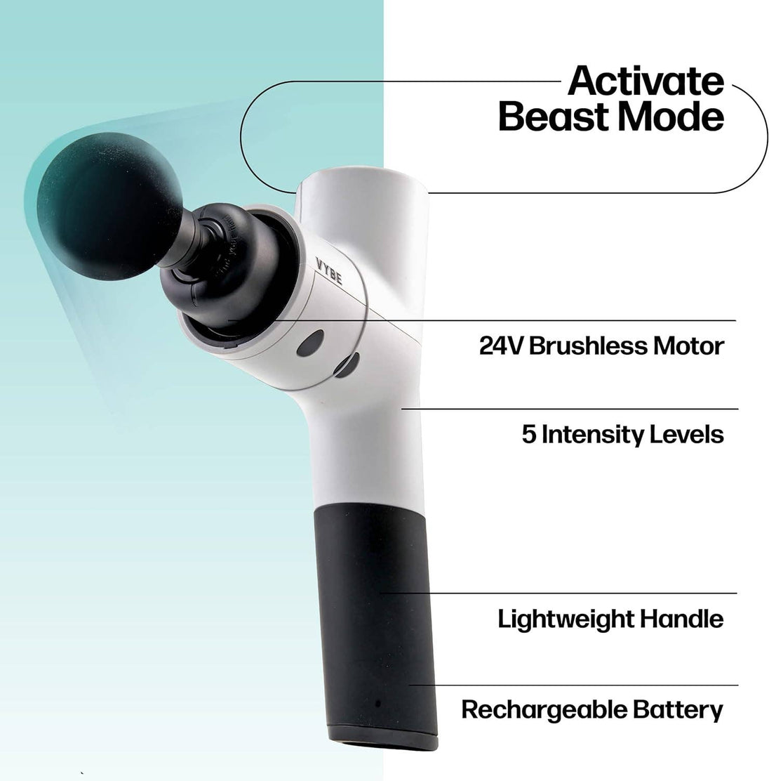 Massage gun with features highlighted on a light blue background