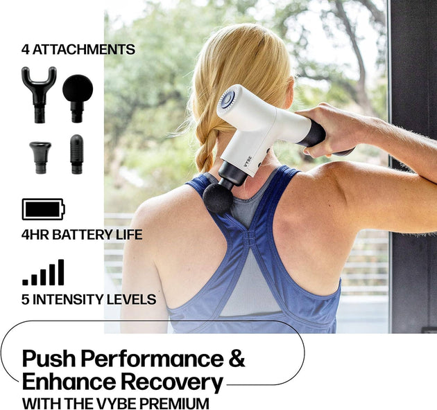 Woman using a massage gun with product features highlighted on the left.