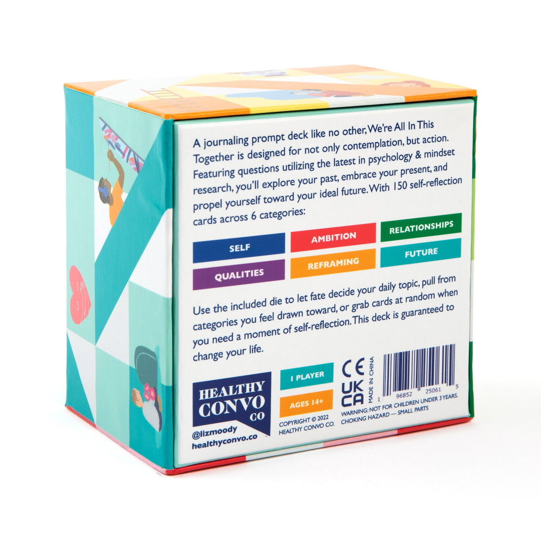 Colorful packaging of a journaling prompt deck with text and branding on a white background
