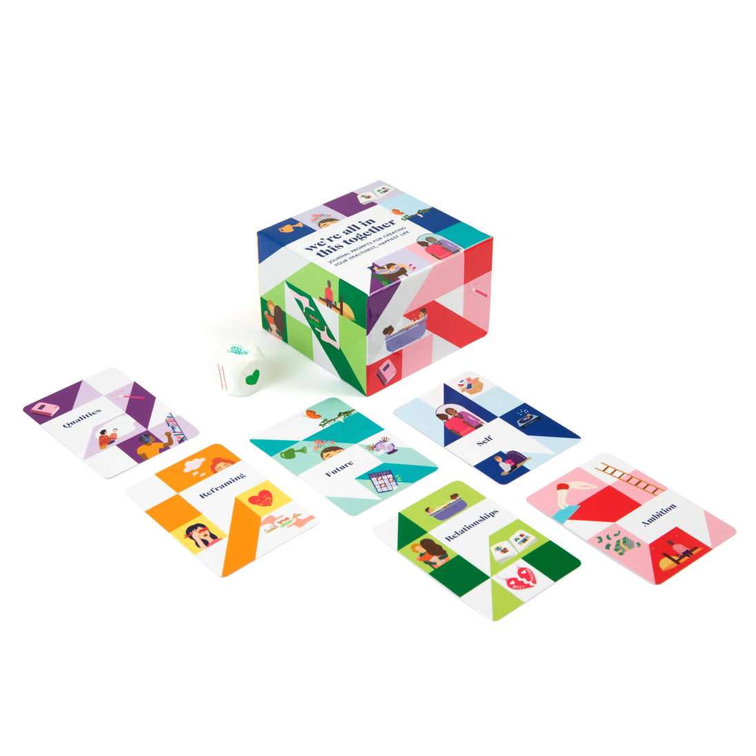 Colorful card game box with cards spread out on a white background