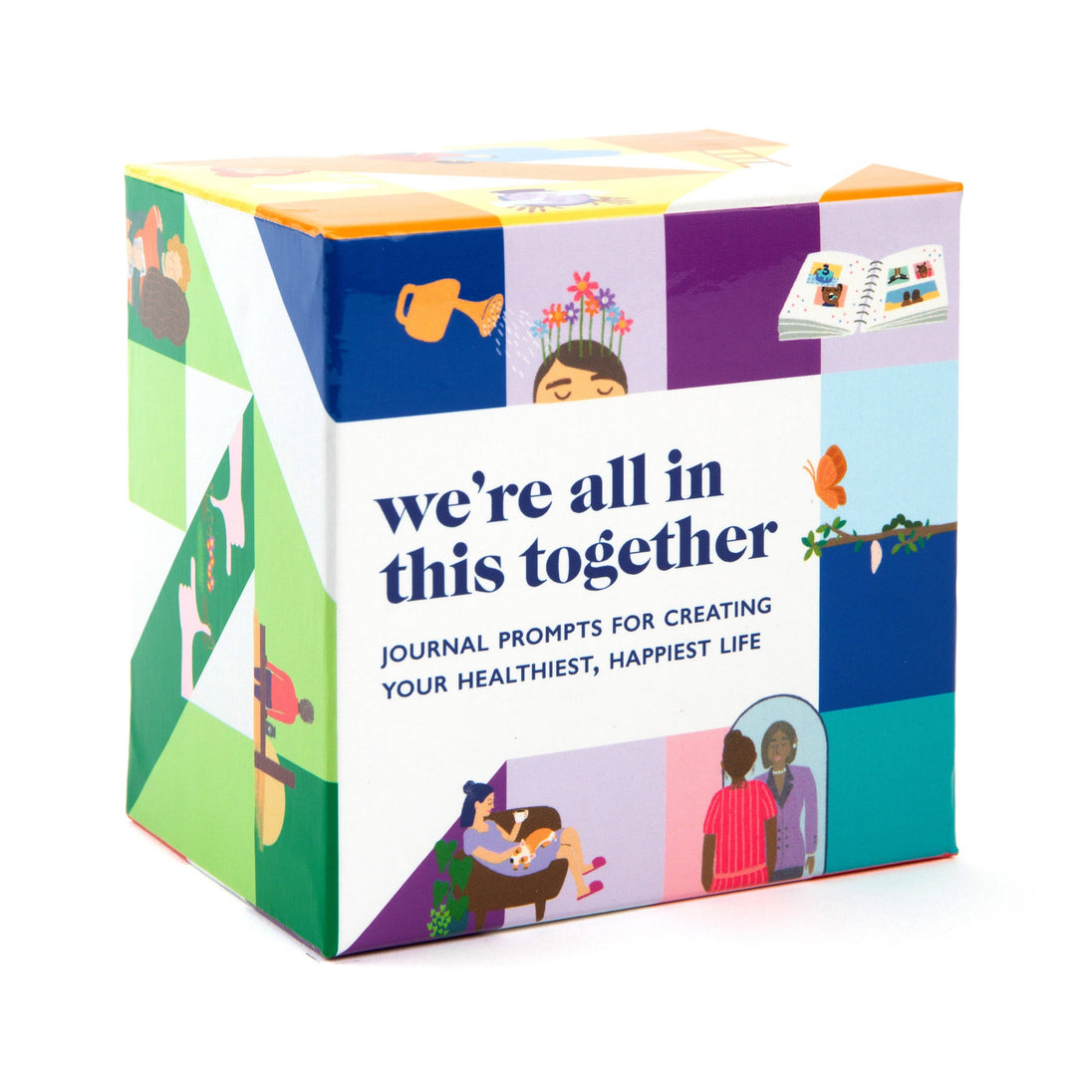 Colorful box with illustrations and text 'we're all in this together' on a white background