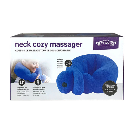 Box of a neck cozy massager with blue massager on a white background