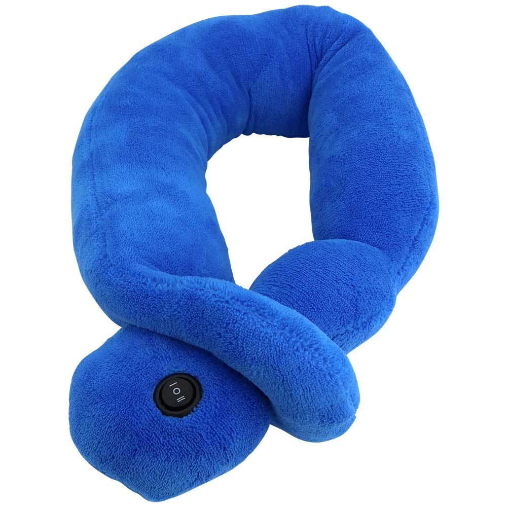 Blue neck pillow with a button on a white background