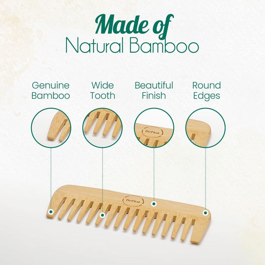 a promotional breakdown of the benefits of a bamboo comb