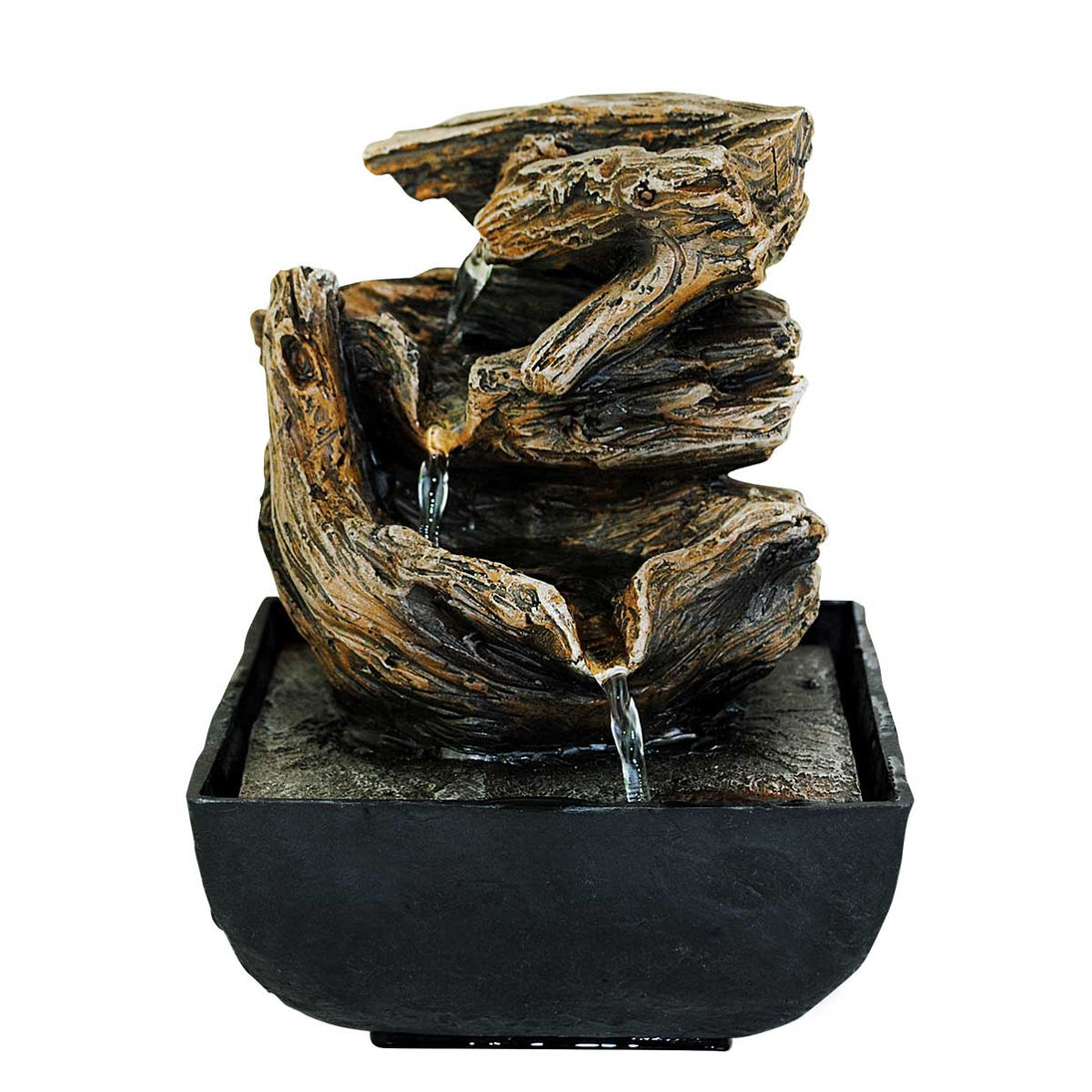 A mini water bark indoor water fountain featuring a stylized wooden design with water flowing over rocks, contained in a black square basin.