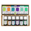 A box containing six 10 mL bottles of pure essential oils in different colors, labeled with their respective scents and benefits.