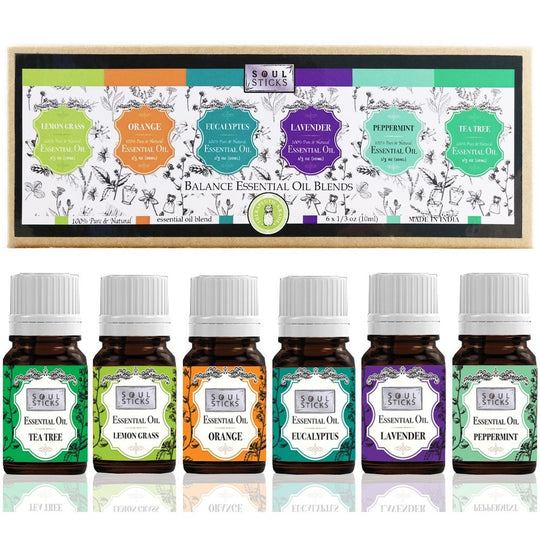 six essential oils from balance set on white background
