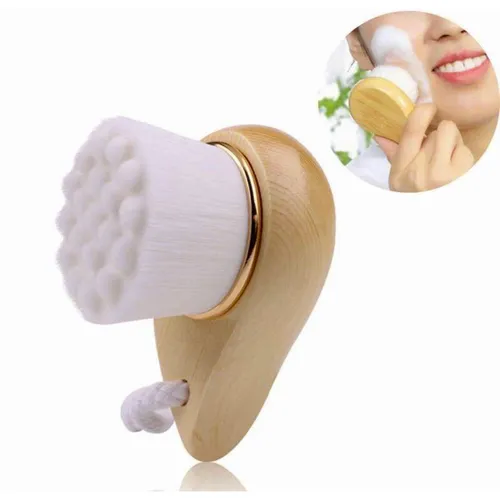 woman in background using wooden handle facial bamboo brush which also appears in foreground