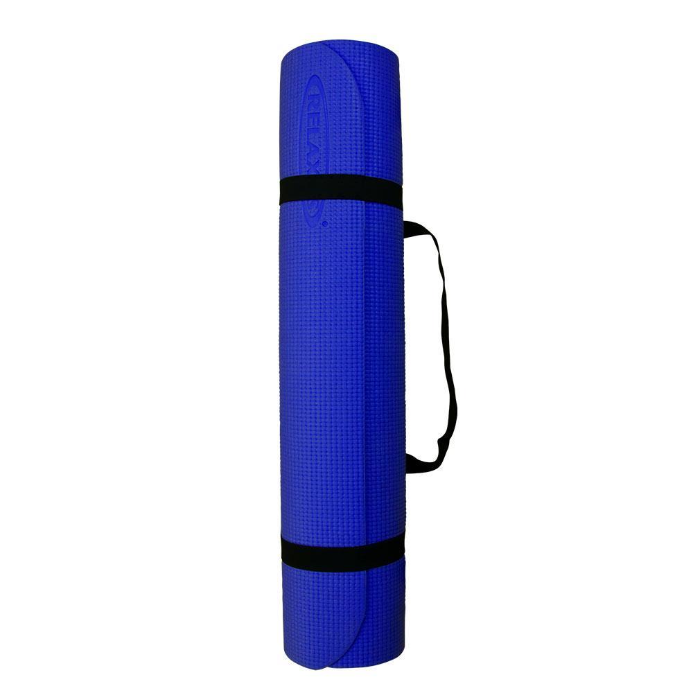 A blue PVC yoga mat with a carry strap.