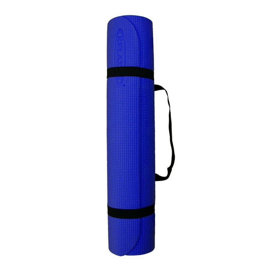 A blue PVC yoga mat with a carry strap.